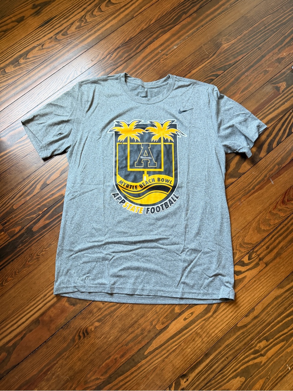 Nike Gray App State Myrtle Beach Bowl Graphic Tee with Yellow Accents